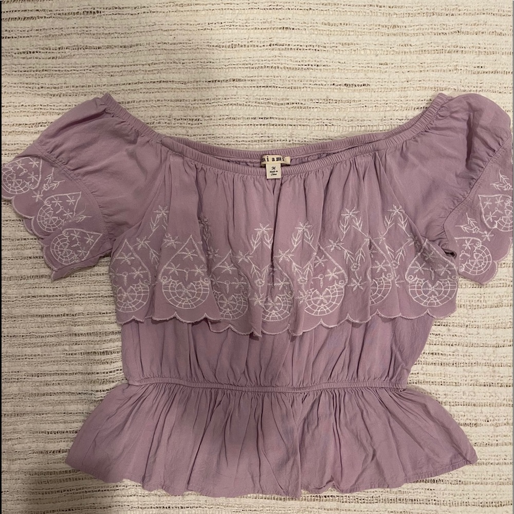Purple Embroidered Ruffle Semi-Cropped Top